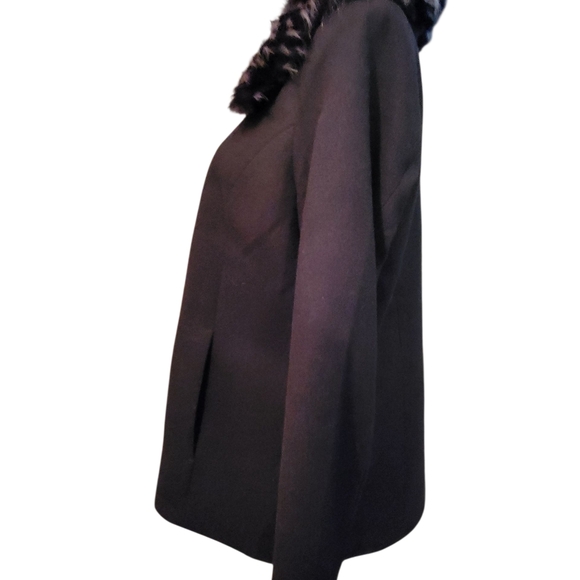 Susan Graver Black Trench  Jacket Coat with Faux Fur Wool Winter Large - Picture 4 of 5